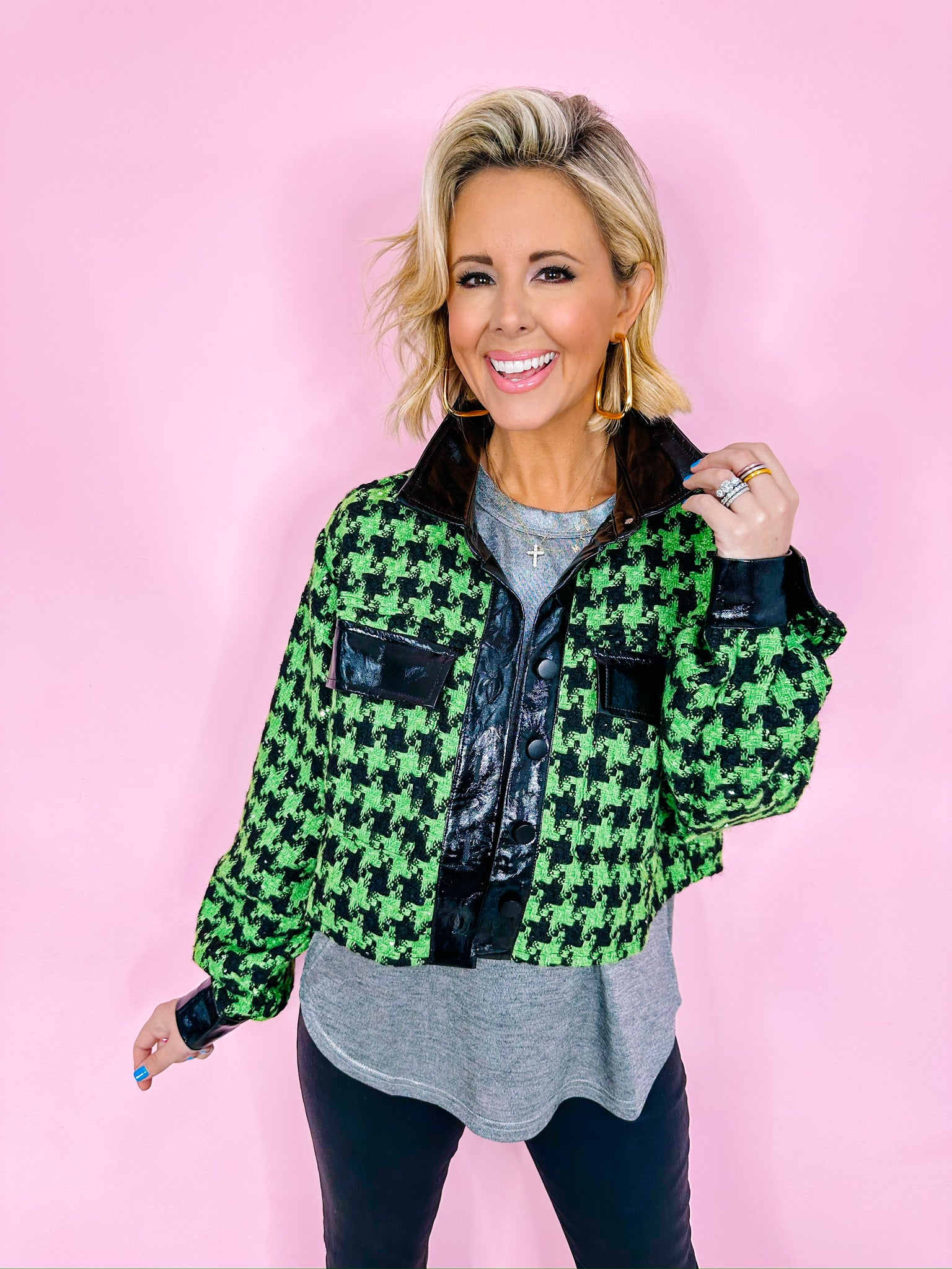 TAE HOUNDSTOOTH TWEED SHACKET - GREEN