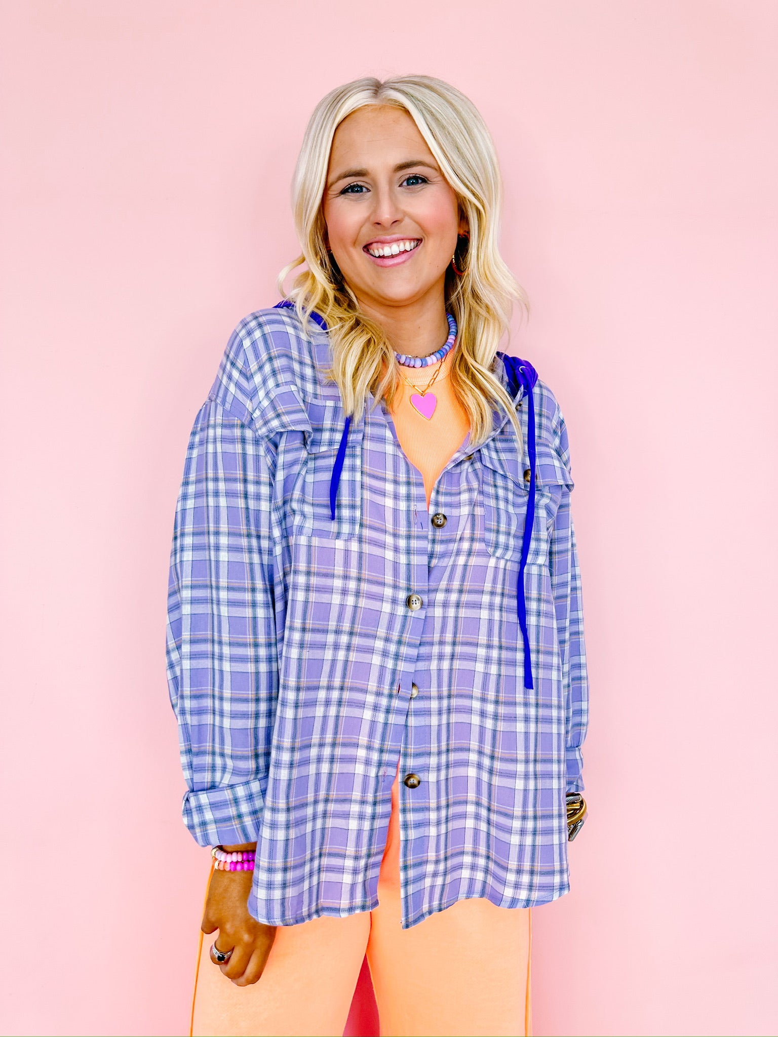 BE RIGHT BACK PLAID BUTTON UP HOODIE - PURPLE