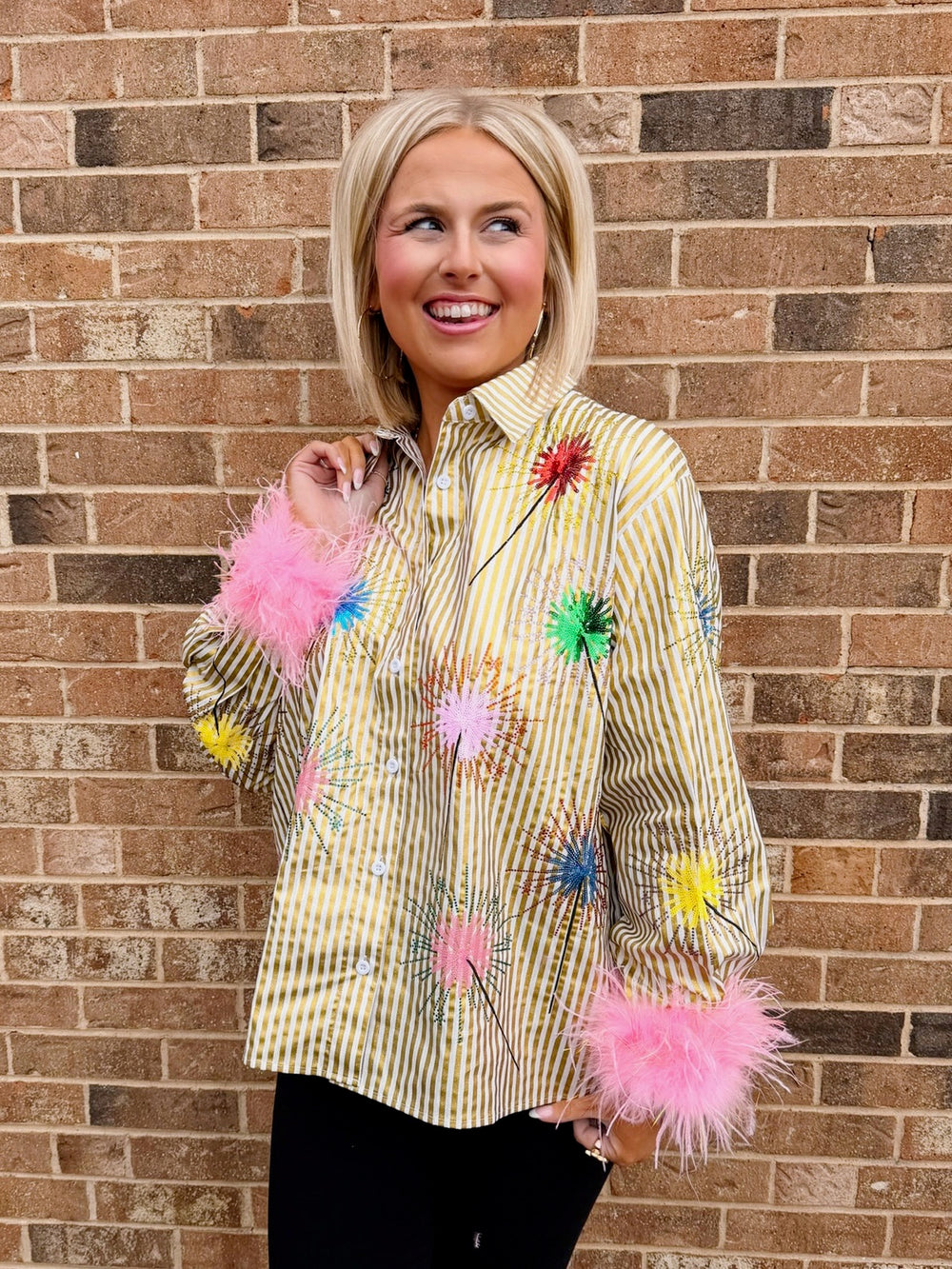 SPARKLER STRIPE BUTTON UP TOP - GOLD