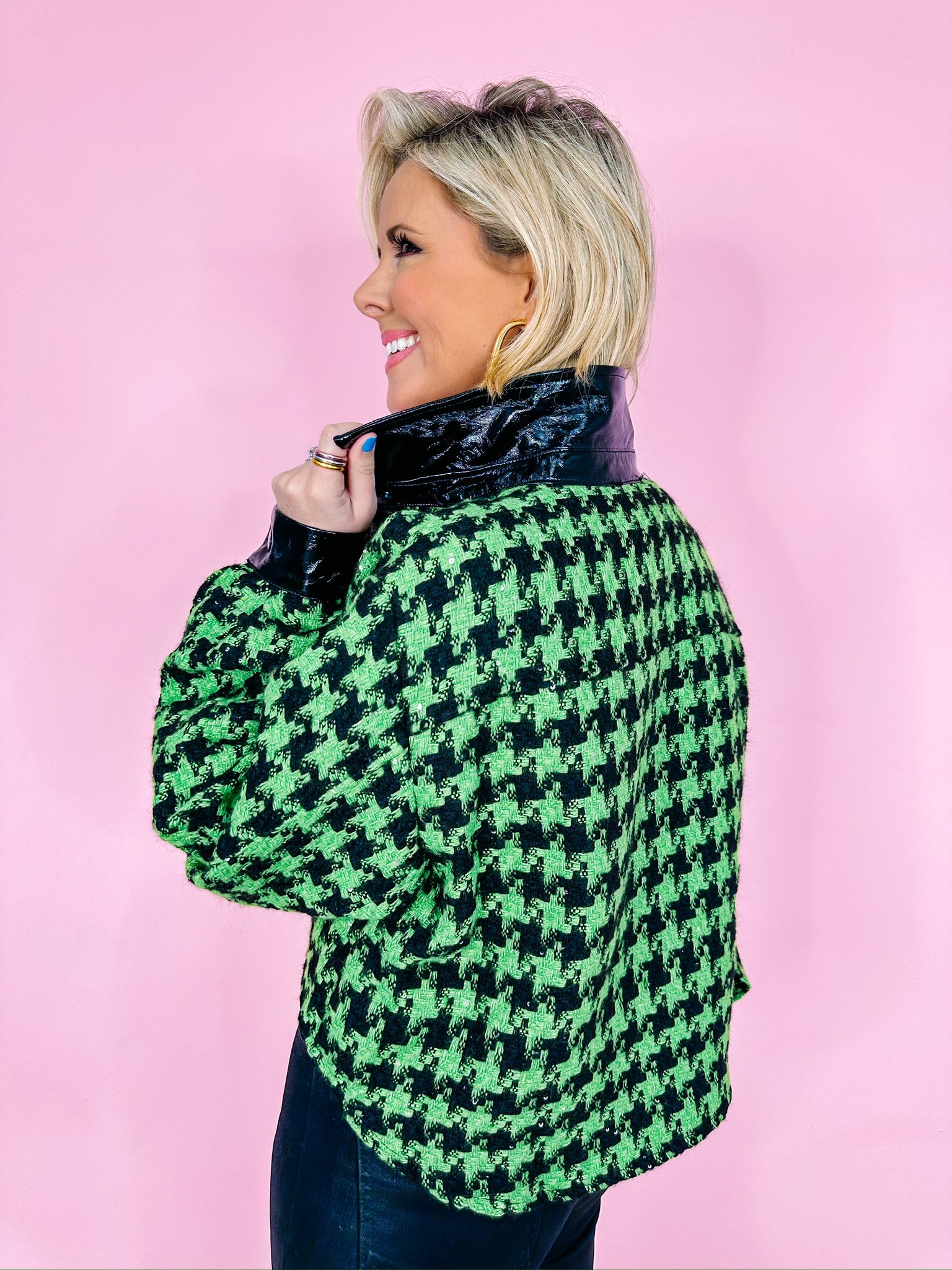 TAE HOUNDSTOOTH TWEED SHACKET - GREEN