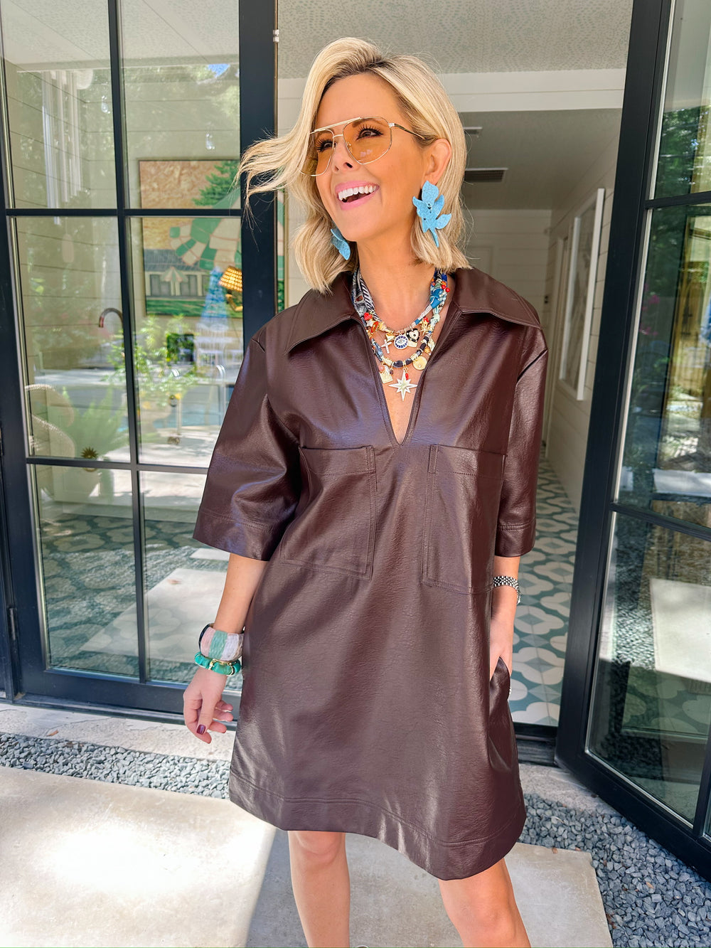 LIVE SIMPLY LEATHER POCKET DRESS - BROWN