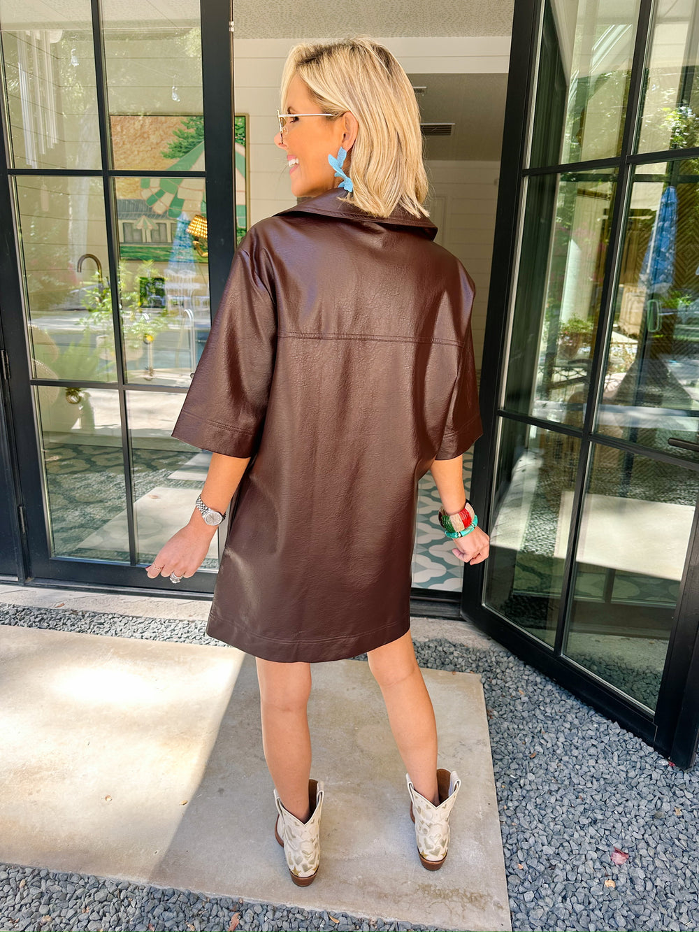 LIVE SIMPLY LEATHER POCKET DRESS - BROWN