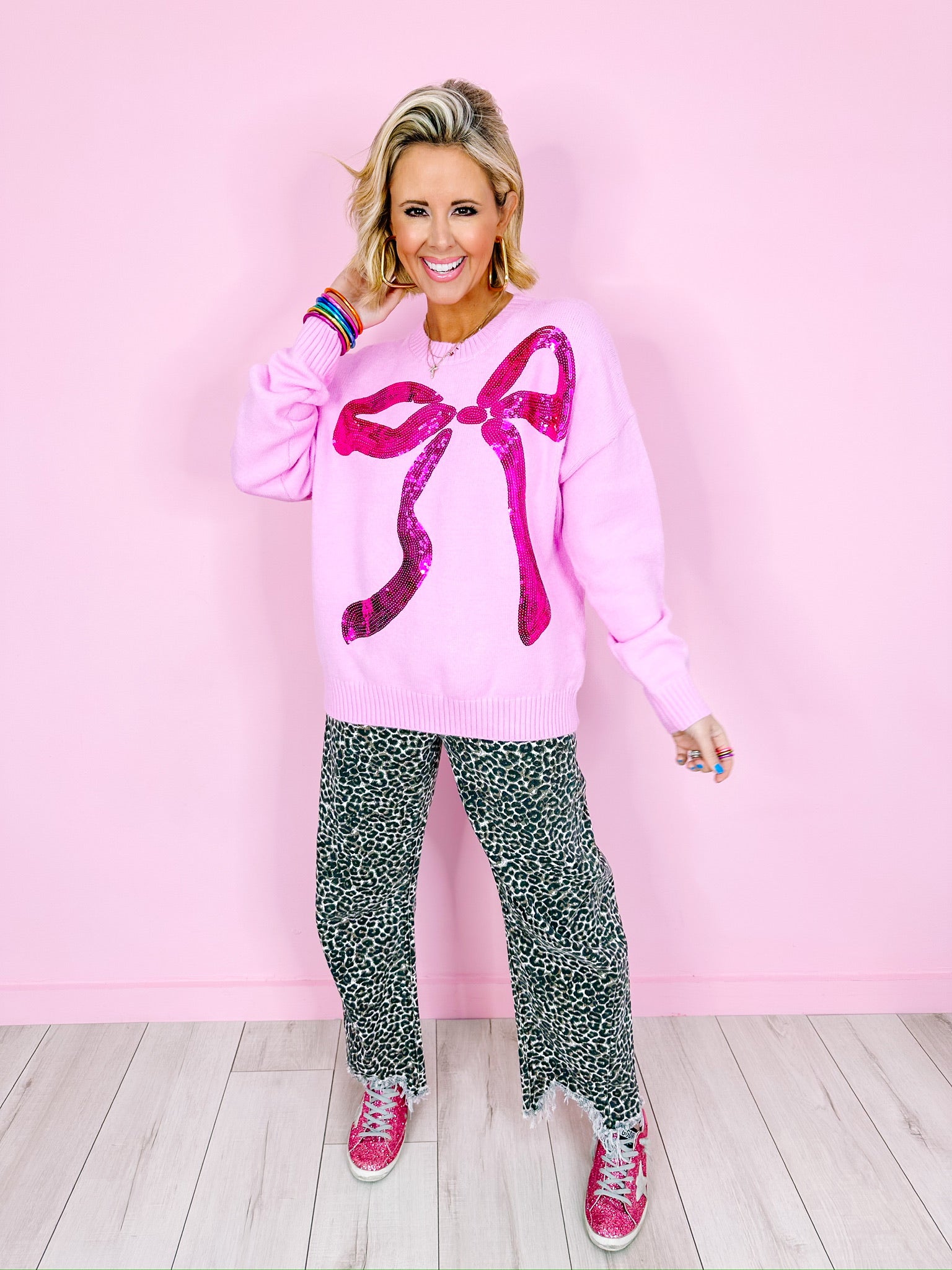 BRIELLE SEQUIN BOW SWEATER - PINK