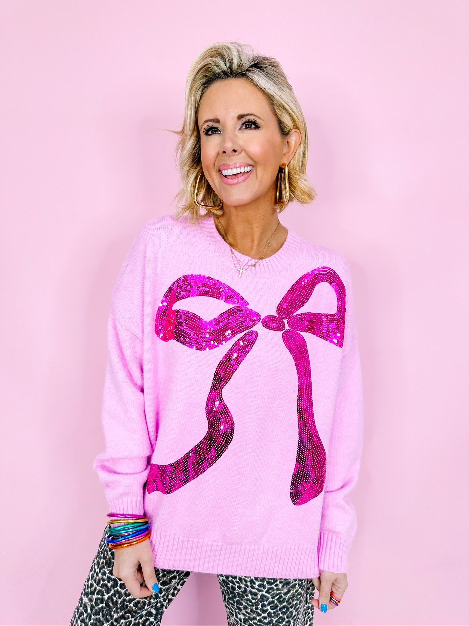 BRIELLE SEQUIN BOW SWEATER - PINK