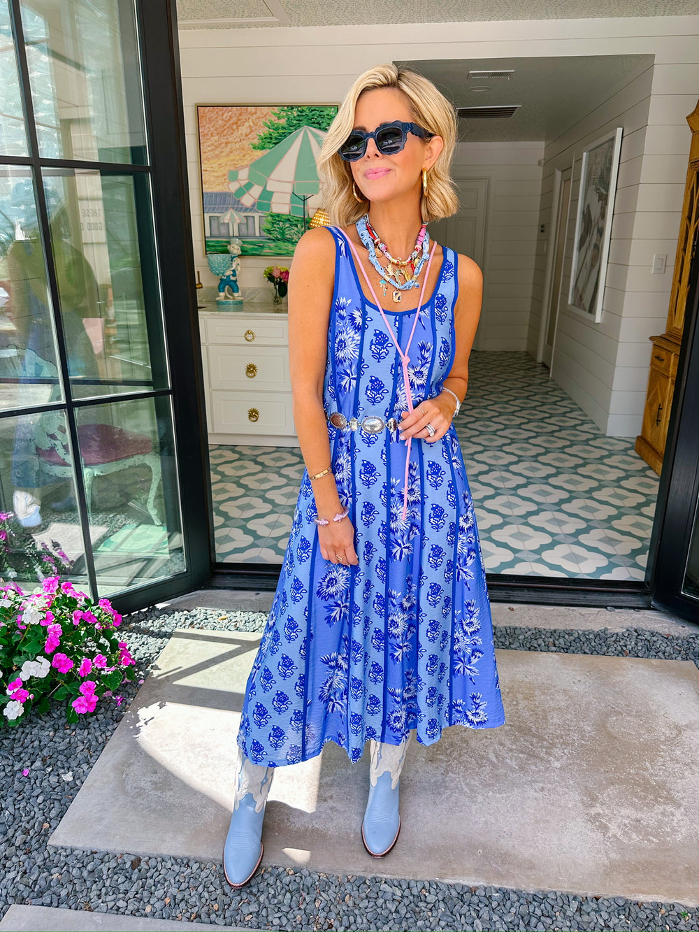 ARIANNA FLORAL PANEL MIDI DRESS - BLUE