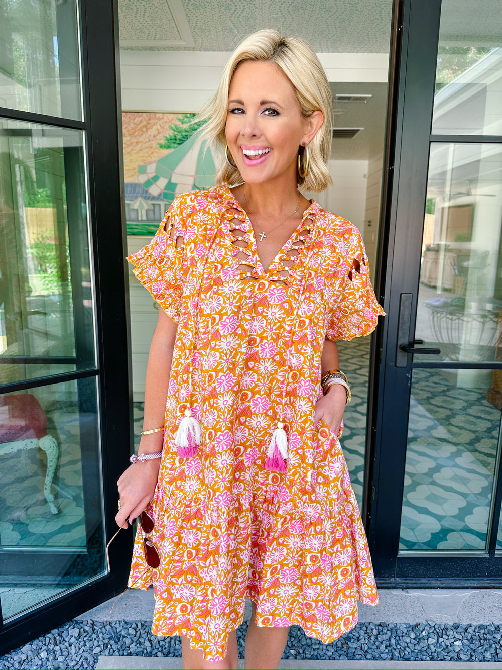 CLARA CUTOUT TASSEL FLORAL DRESS - MUSTARD