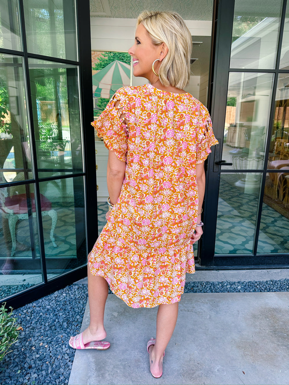 CLARA CUTOUT TASSEL FLORAL DRESS - MUSTARD