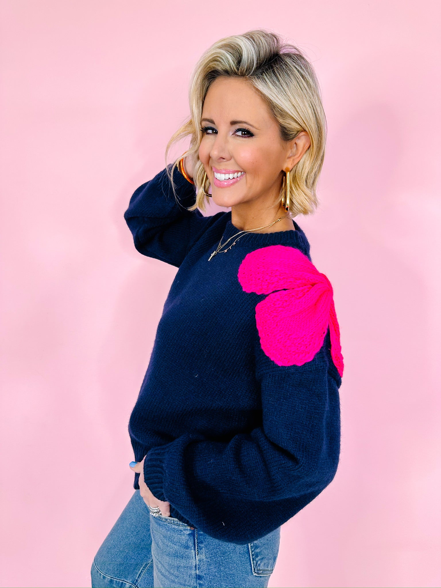 BOW ON YOUR SHOULDER SWEATER - NAVY