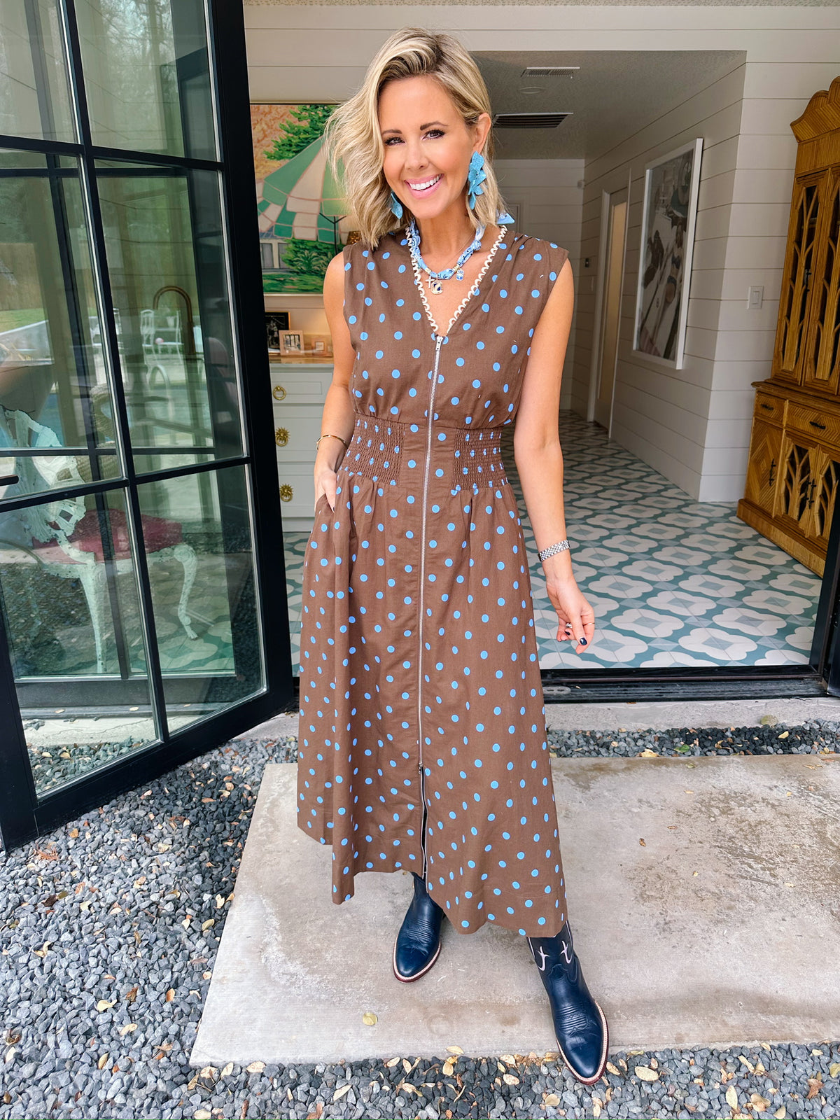 ABIGAIL POLKA DOT ZIP UP MIDI DRESS - BROWN — Hale House Boutique