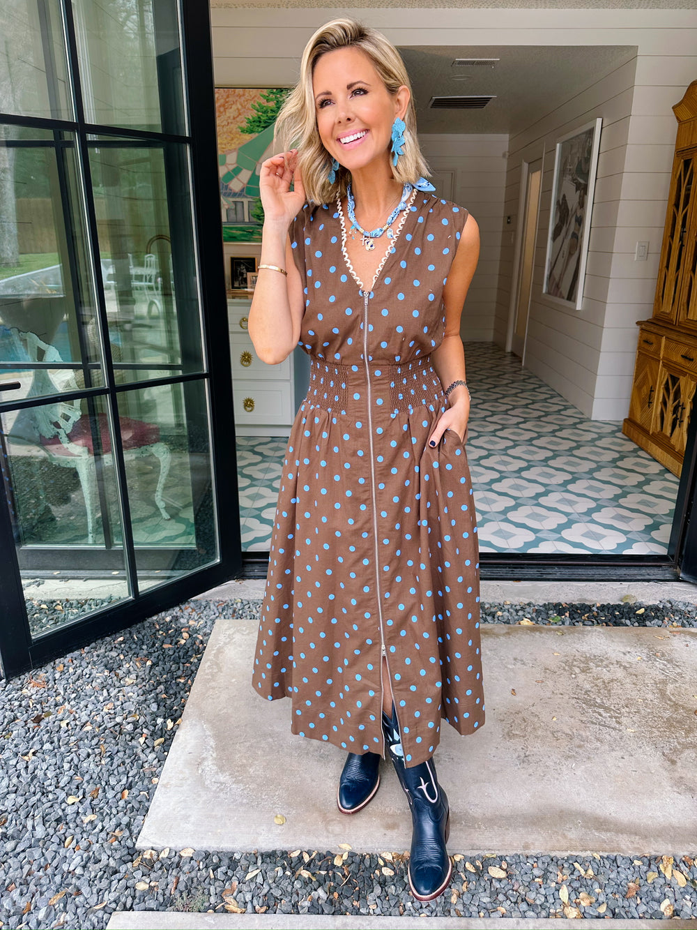 ABIGAIL POLKA DOT ZIP UP MIDI DRESS - BROWN