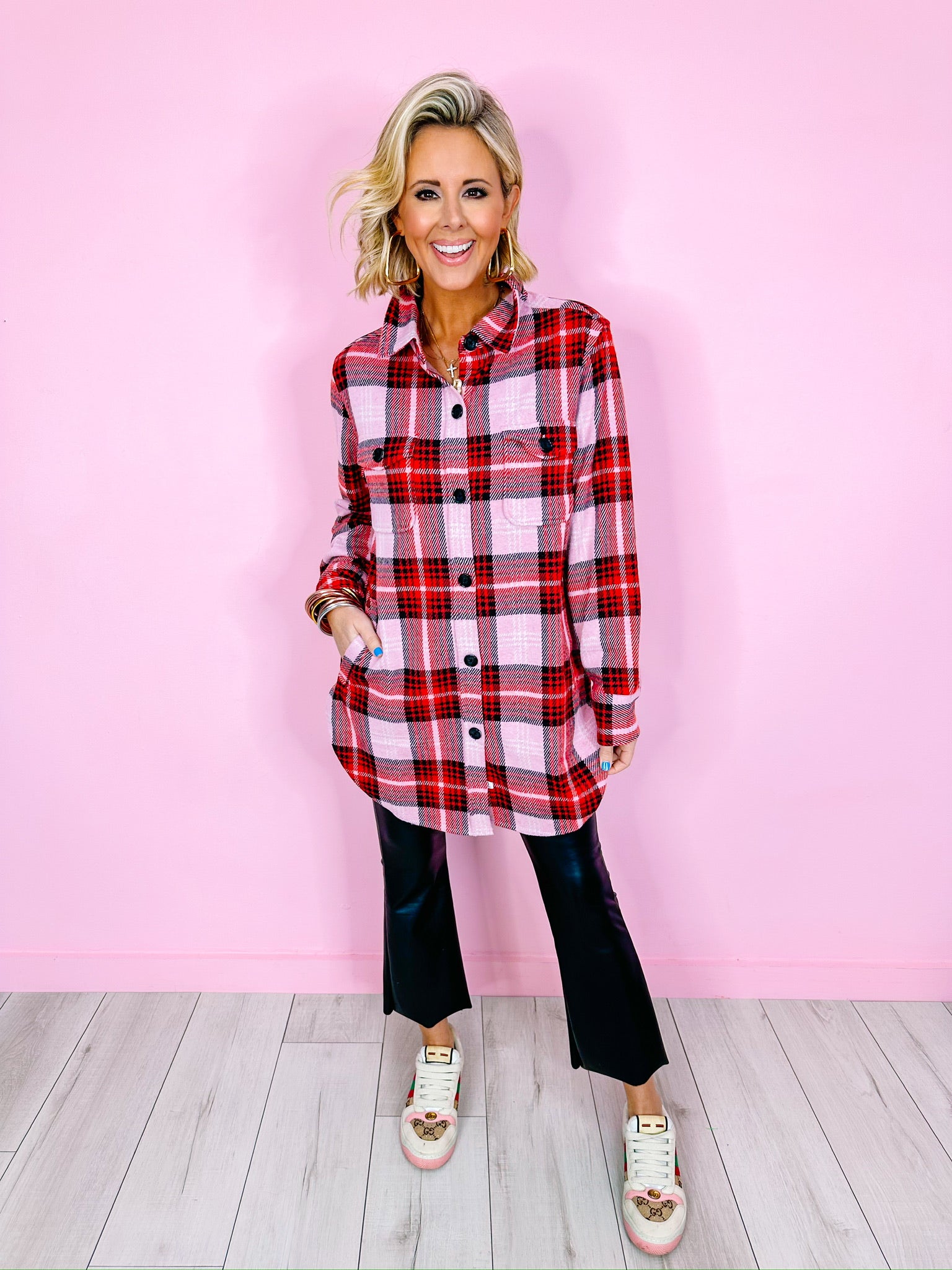 MANDY PLAID SHACKET - PINK/RED