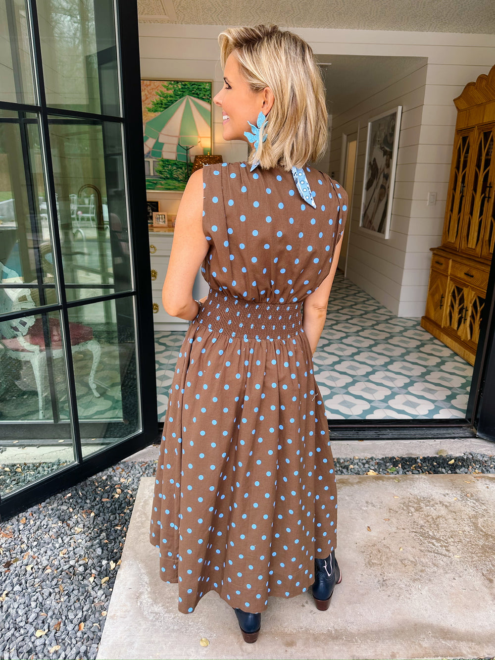 ABIGAIL POLKA DOT ZIP UP MIDI DRESS - BROWN