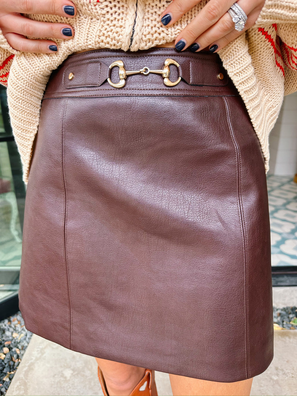 SARA HORSE BIT LEATHER SKIRT - BROWN