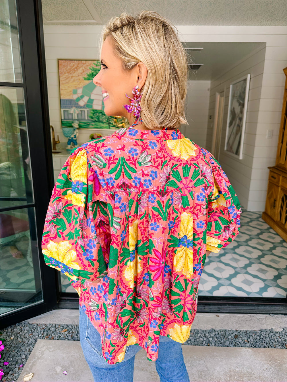 HIDDEN FLORAL OASIS BUTTON UP PUFF SLEEVE TOP - PINK