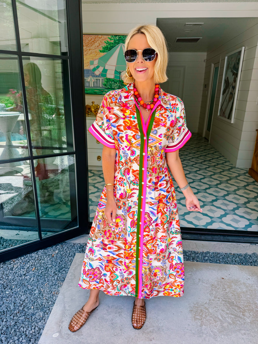 FORECAST OF FLORALS PINK TRIM BUTTON UP MIDI DRESS
