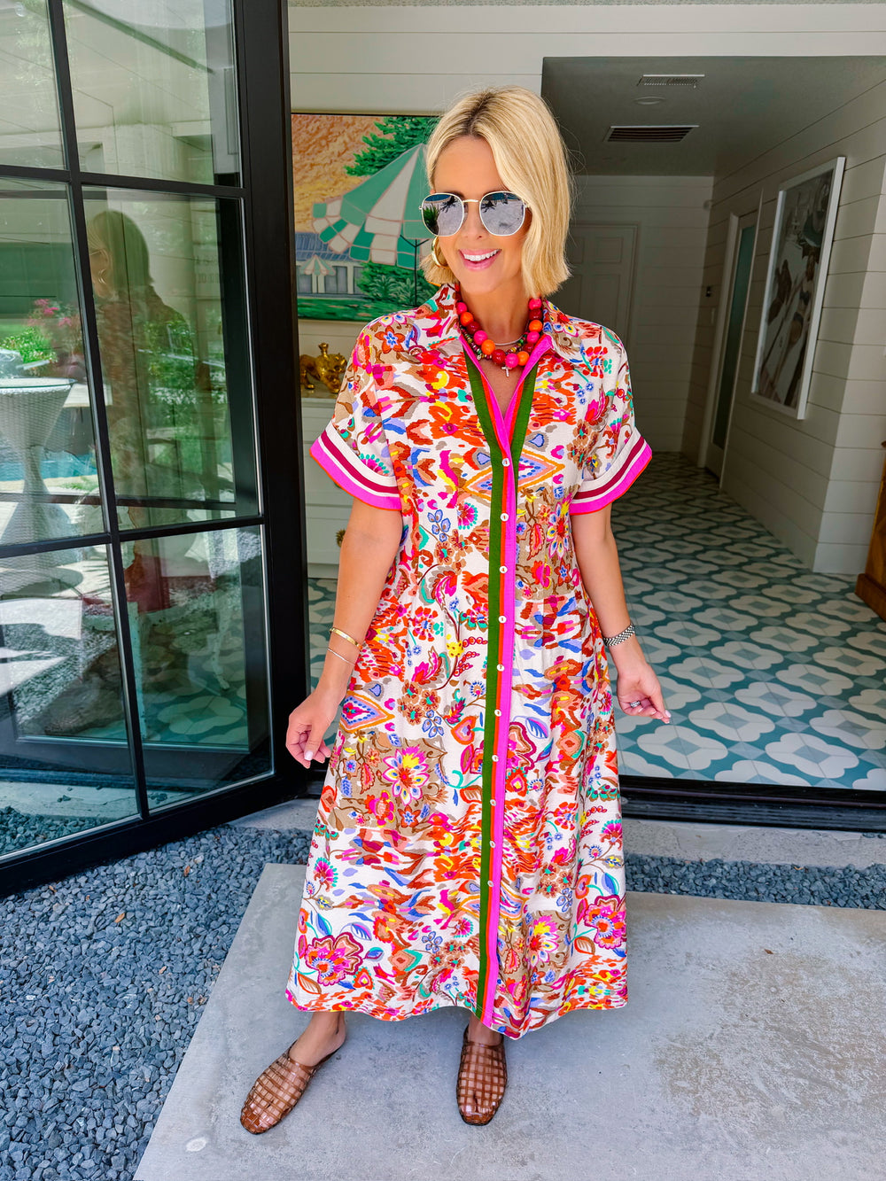 FORECAST OF FLORALS PINK TRIM BUTTON UP MIDI DRESS