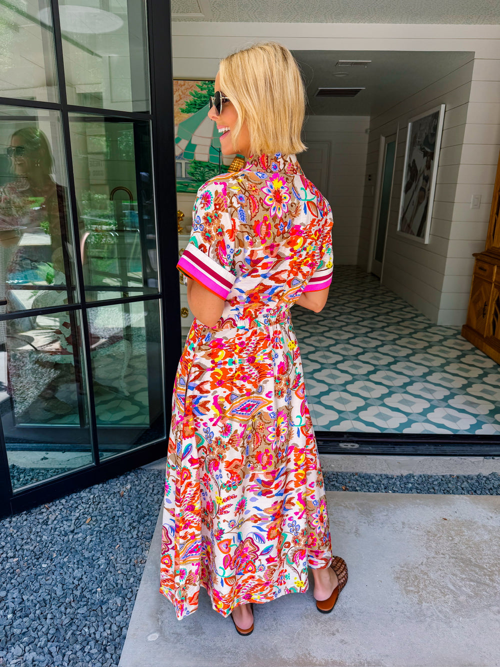 FORECAST OF FLORALS PINK TRIM BUTTON UP MIDI DRESS