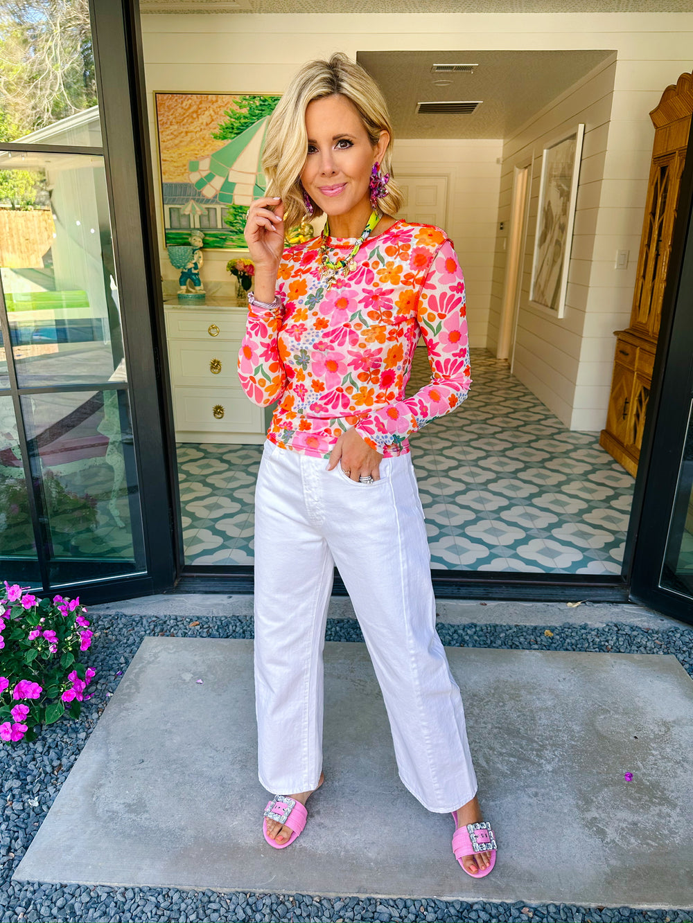 HAZEL FLORAL LONG SLEEVE SHEER TOP - WHITE