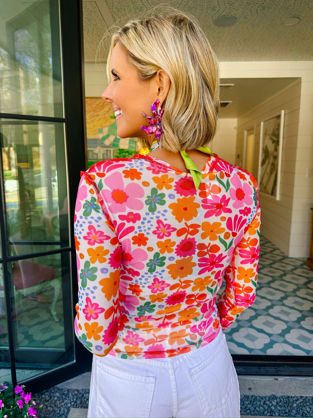 HAZEL FLORAL LONG SLEEVE SHEER TOP - WHITE