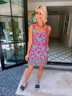 GILDED ROSE CONTRAST FLORAL DRESS - FUCHSIA/GREEN