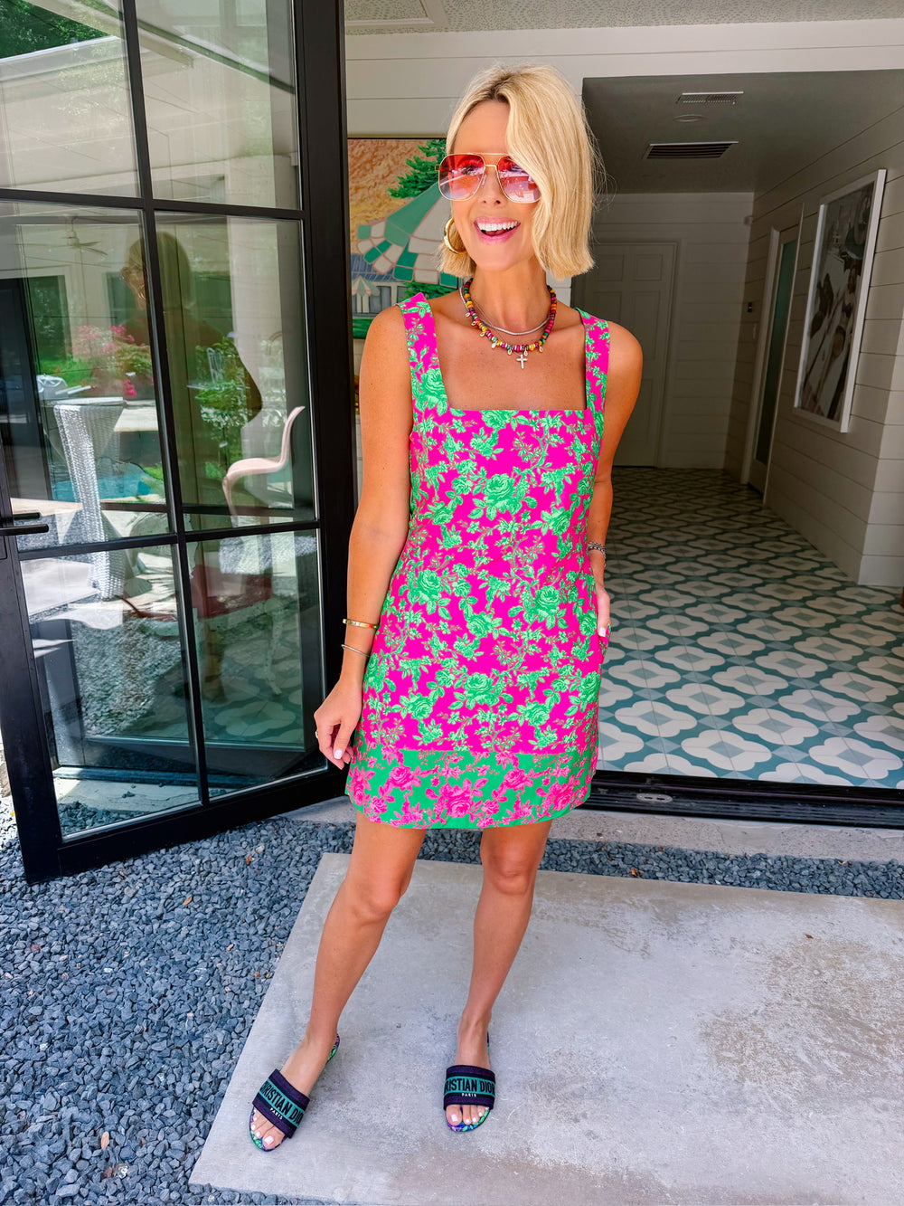 GILDED ROSE CONTRAST FLORAL DRESS - FUCHSIA/GREEN