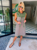 KIMBERLY STRIPE SHOULDER SWEATER DRESS - GREEN/PINK