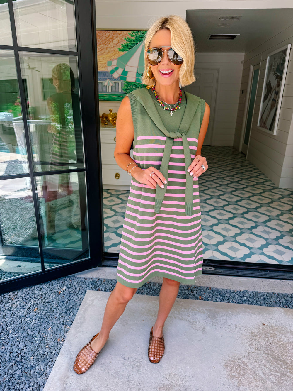 KIMBERLY STRIPE SHOULDER SWEATER DRESS - GREEN/PINK