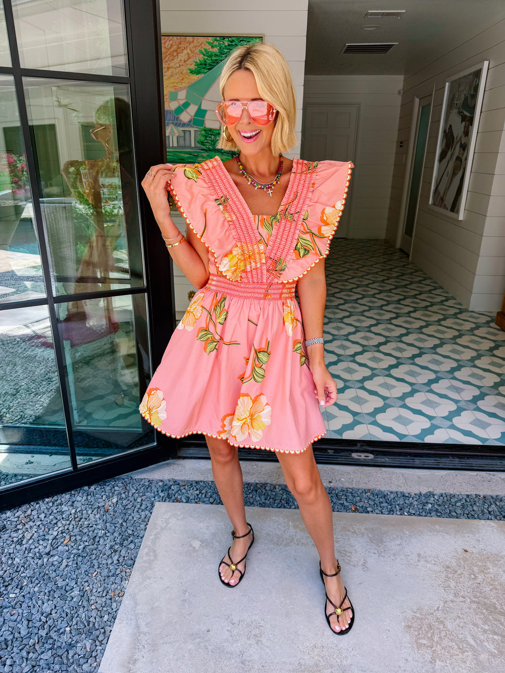 KARINA FLORAL SCALLOP TRIM DRESS - CORAL