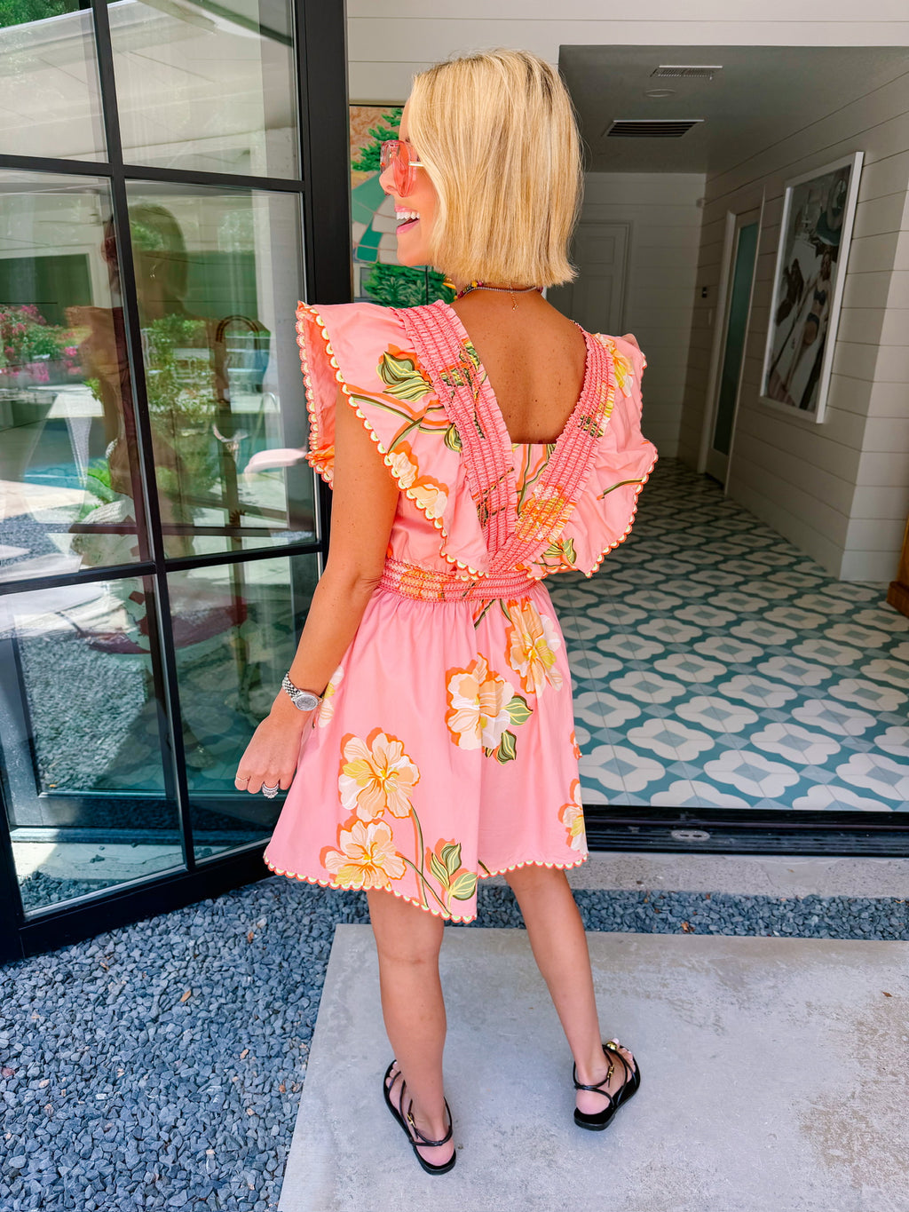 KARINA FLORAL SCALLOP TRIM DRESS - CORAL