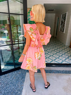KARINA FLORAL SCALLOP TRIM DRESS - CORAL