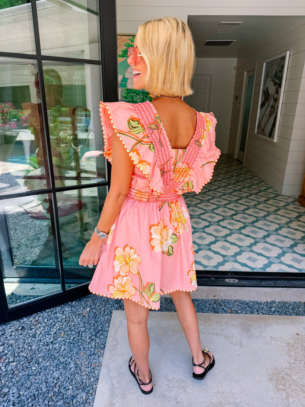 KARINA FLORAL SCALLOP TRIM DRESS - CORAL