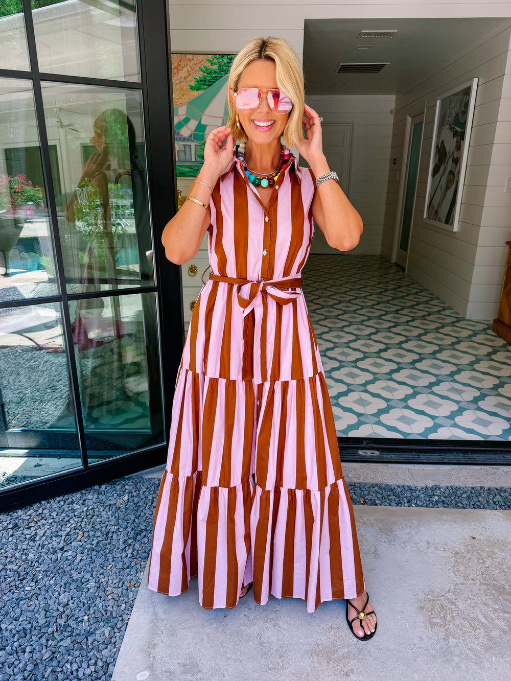 SHE KNOWS BEST STRIPE MIDI DRESS - BROWN/PINK