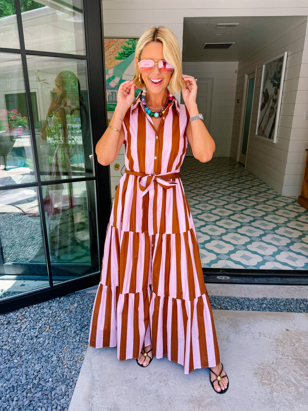SHE KNOWS BEST STRIPE MIDI DRESS - BROWN/PINK