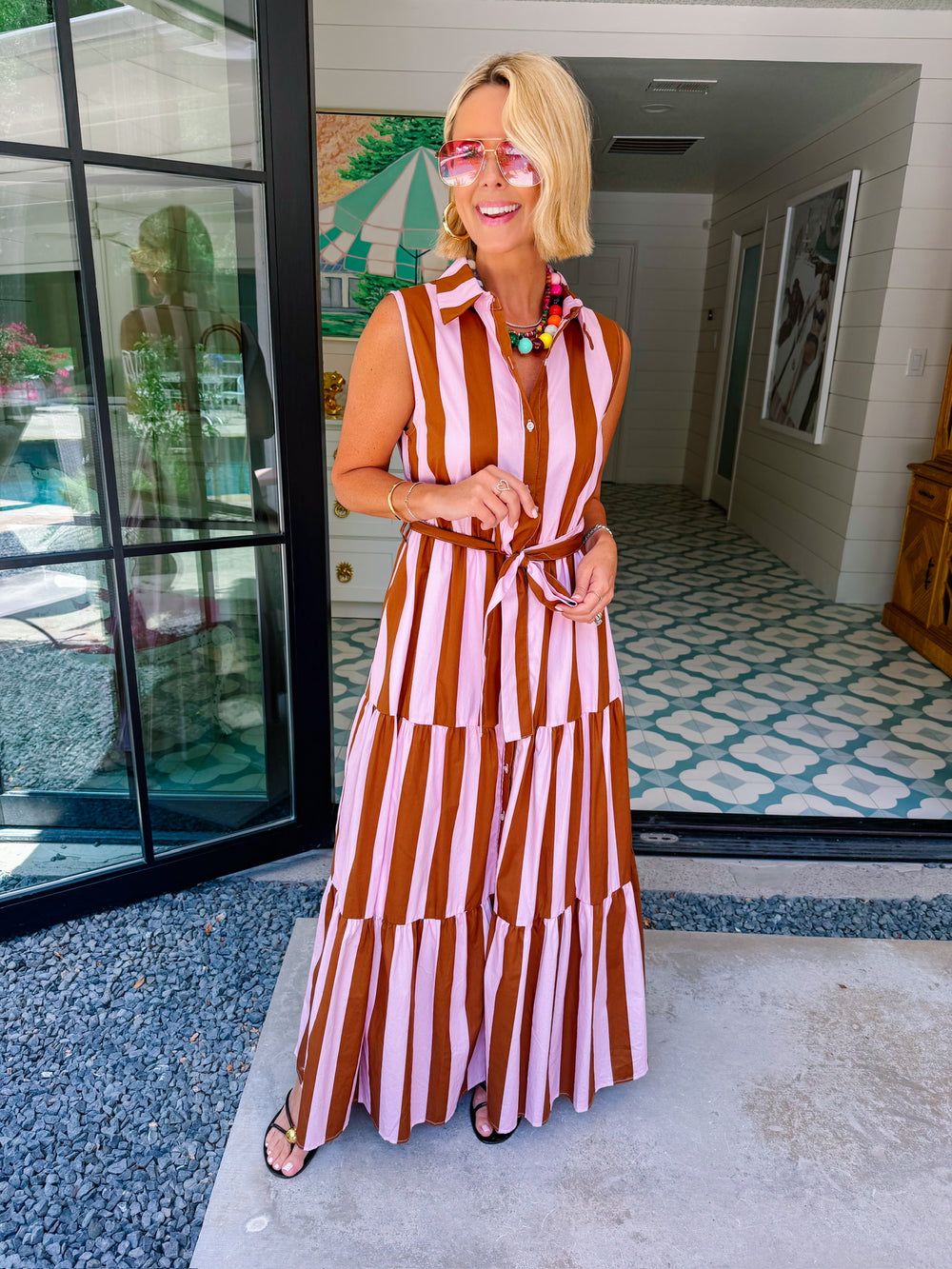 SHE KNOWS BEST STRIPE MIDI DRESS - BROWN/PINK