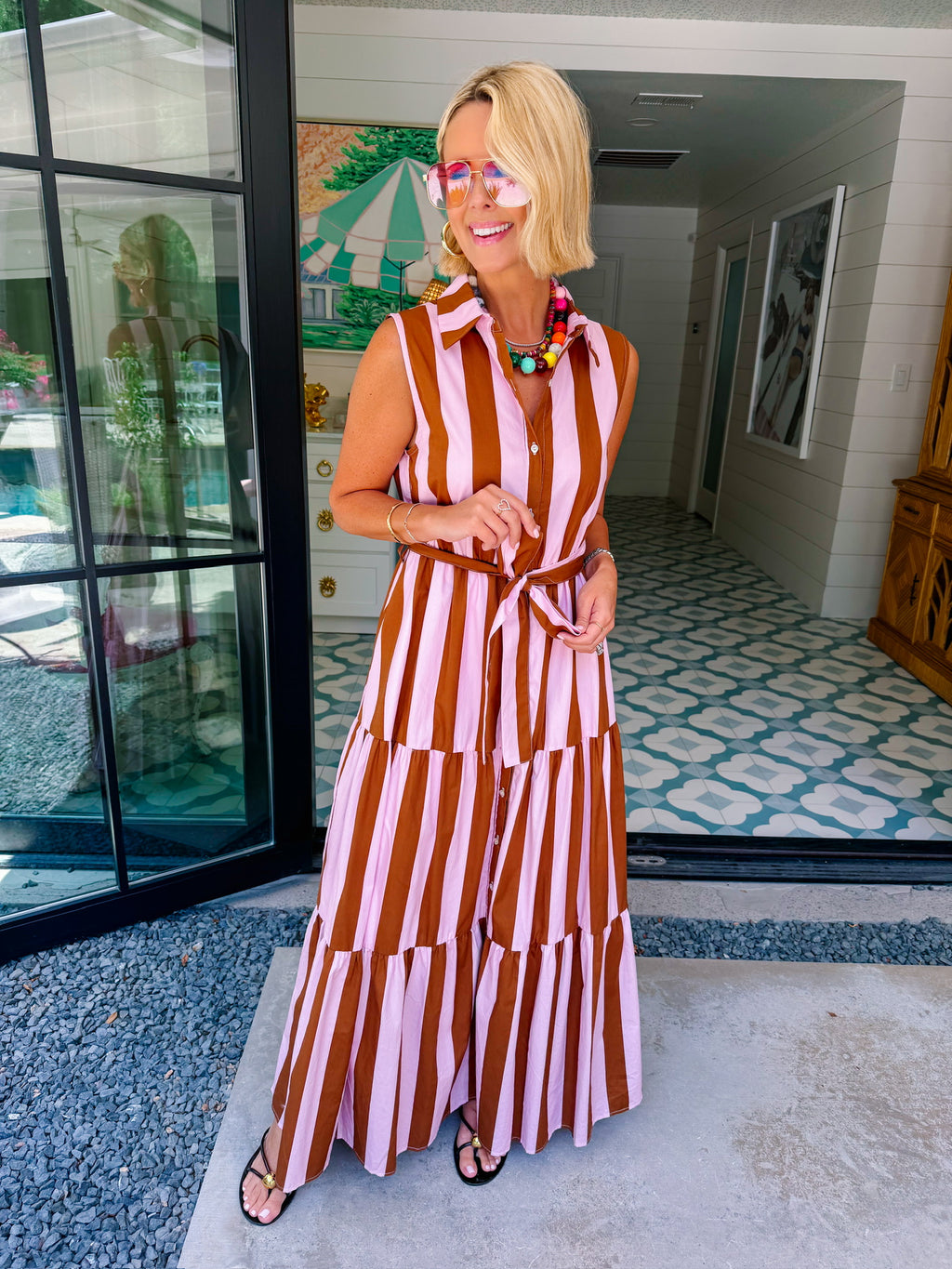 SHE KNOWS BEST STRIPE MIDI DRESS - BROWN/PINK