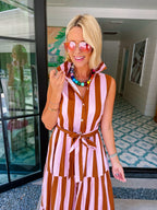 SHE KNOWS BEST STRIPE MIDI DRESS - BROWN/PINK