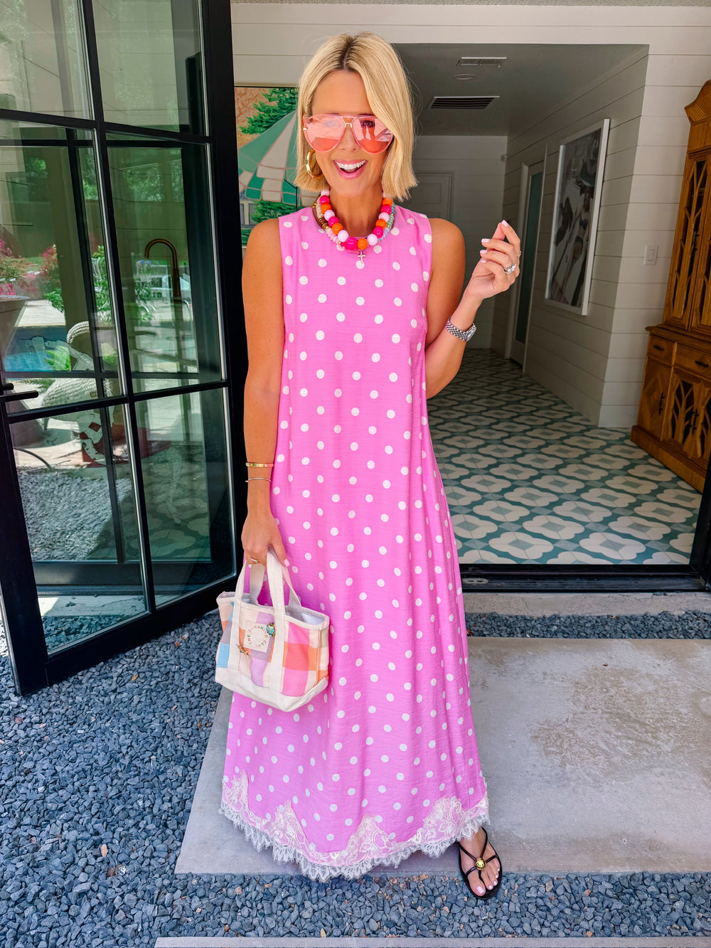 IN PERFECT HARMONY POLKA DOT LACE MAXI DRESS - PINK