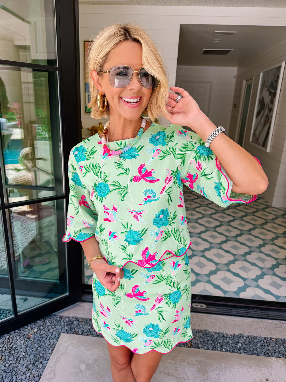 BIRDS OF A FEATHER FLORAL SCALLOP SKIRT SET - GREEN