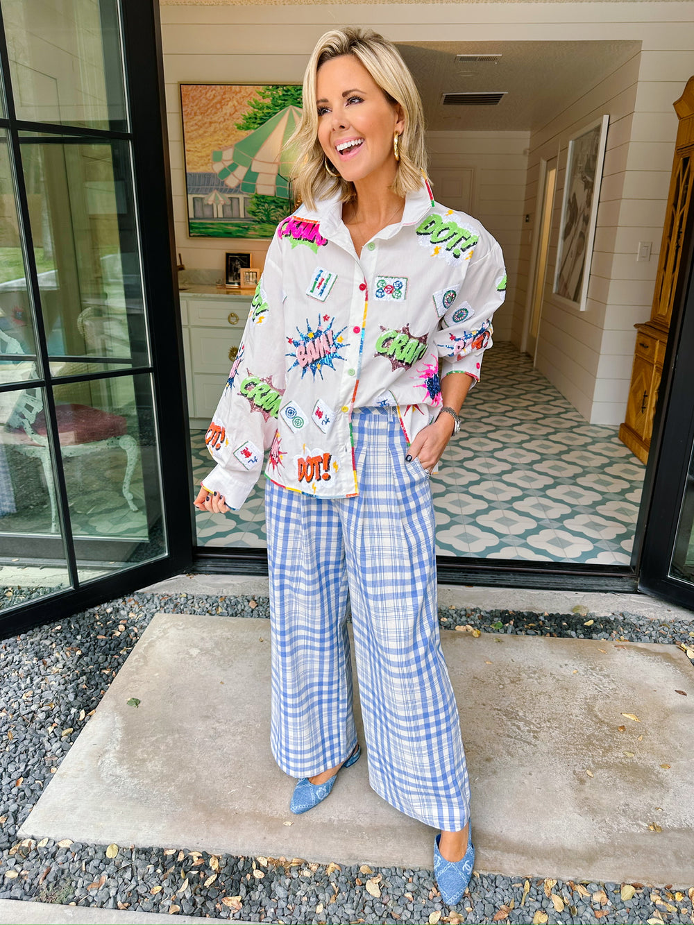 MAHJONG ICONS COLLARED TOP - WHITE