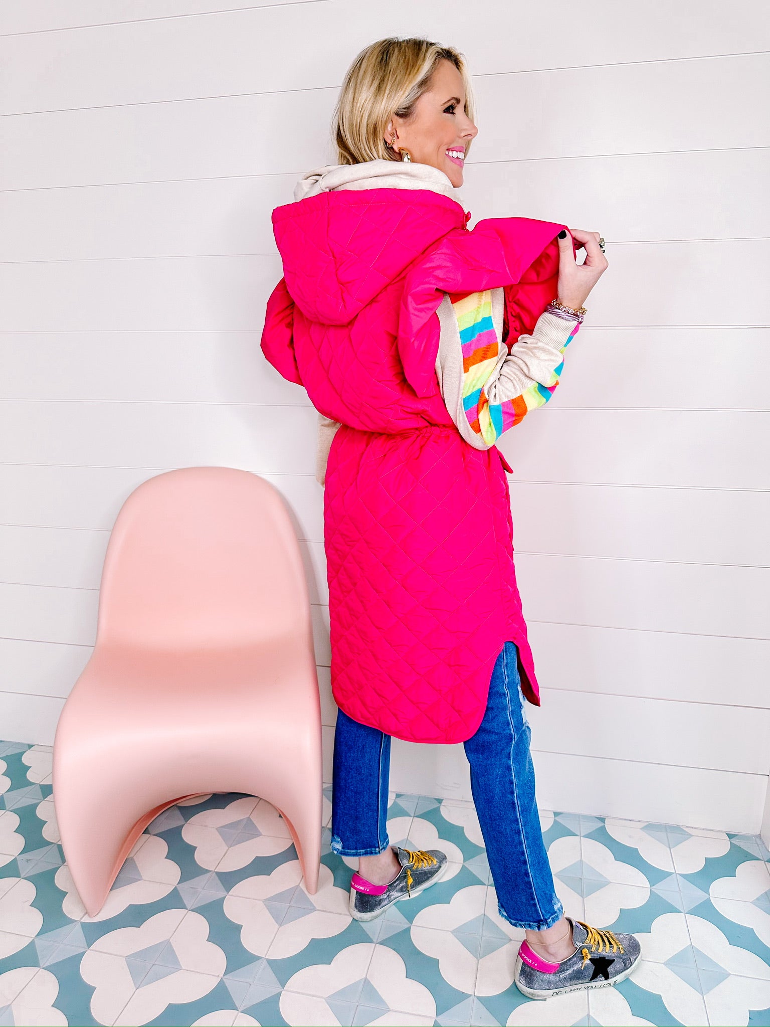 QUILTED CUTIE RUFFLE MIDI JACKET - PINK