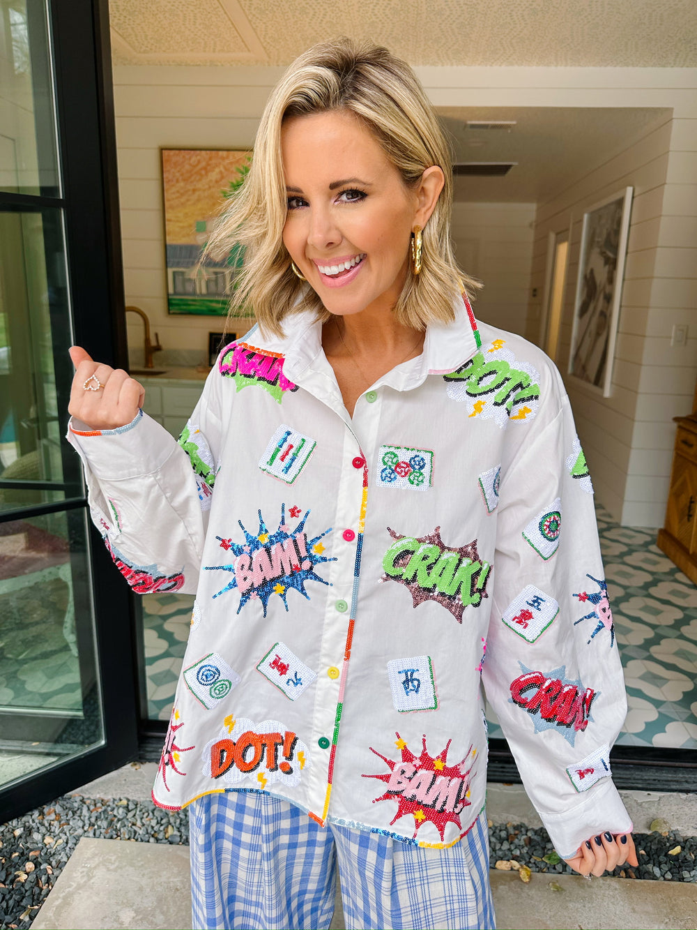 MAHJONG ICONS COLLARED TOP - WHITE