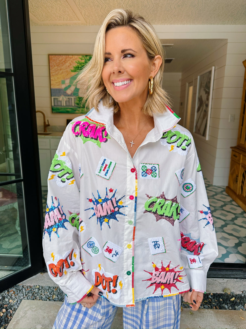 MAHJONG ICONS COLLARED TOP - WHITE