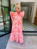 PETALS IN THE SUN RUFFLE MIDI DRESS - YELLOW/PINK