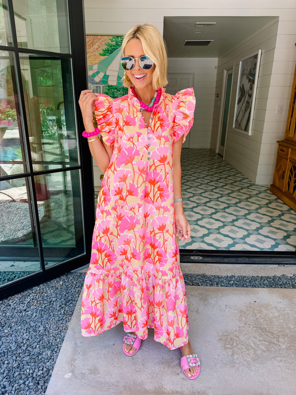 PETALS IN THE SUN RUFFLE MIDI DRESS - YELLOW/PINK