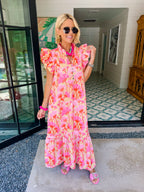 PETALS IN THE SUN RUFFLE MIDI DRESS - YELLOW/PINK