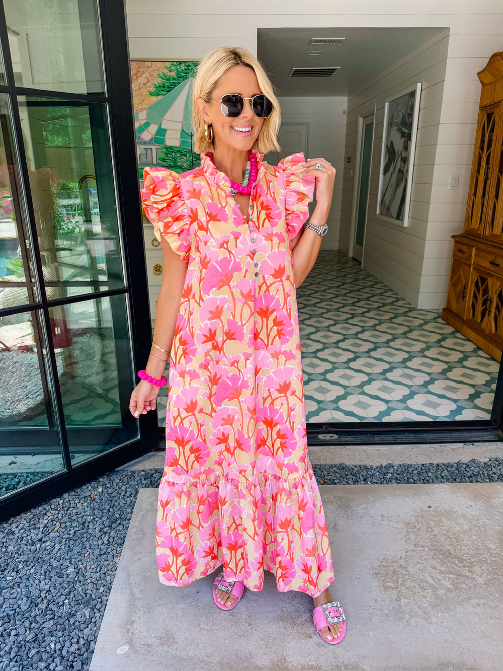 PETALS IN THE SUN RUFFLE MIDI DRESS - YELLOW/PINK