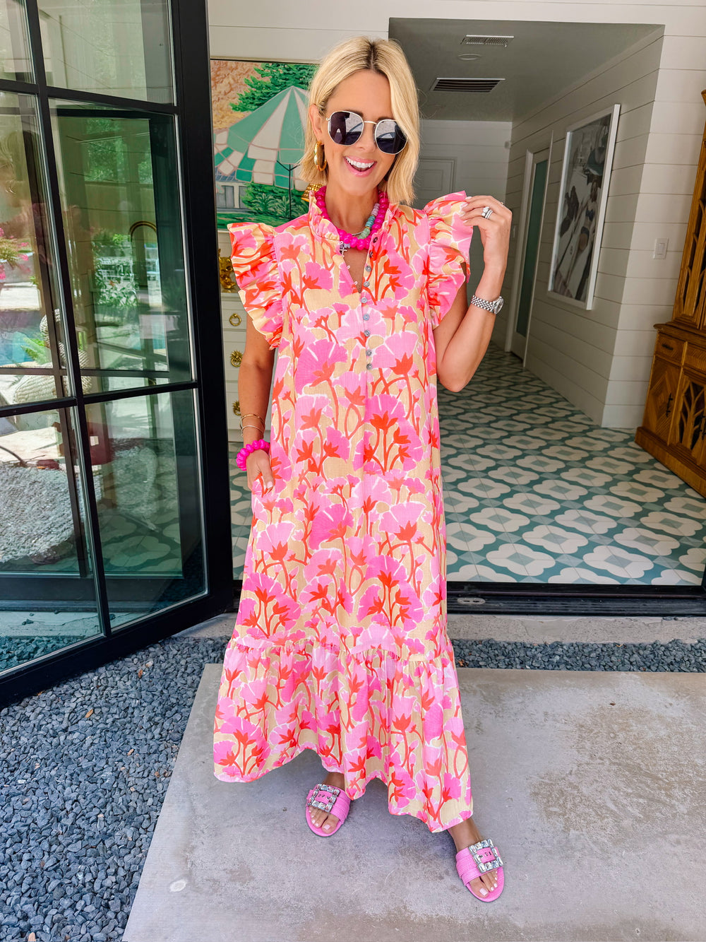 PETALS IN THE SUN RUFFLE MIDI DRESS - YELLOW/PINK