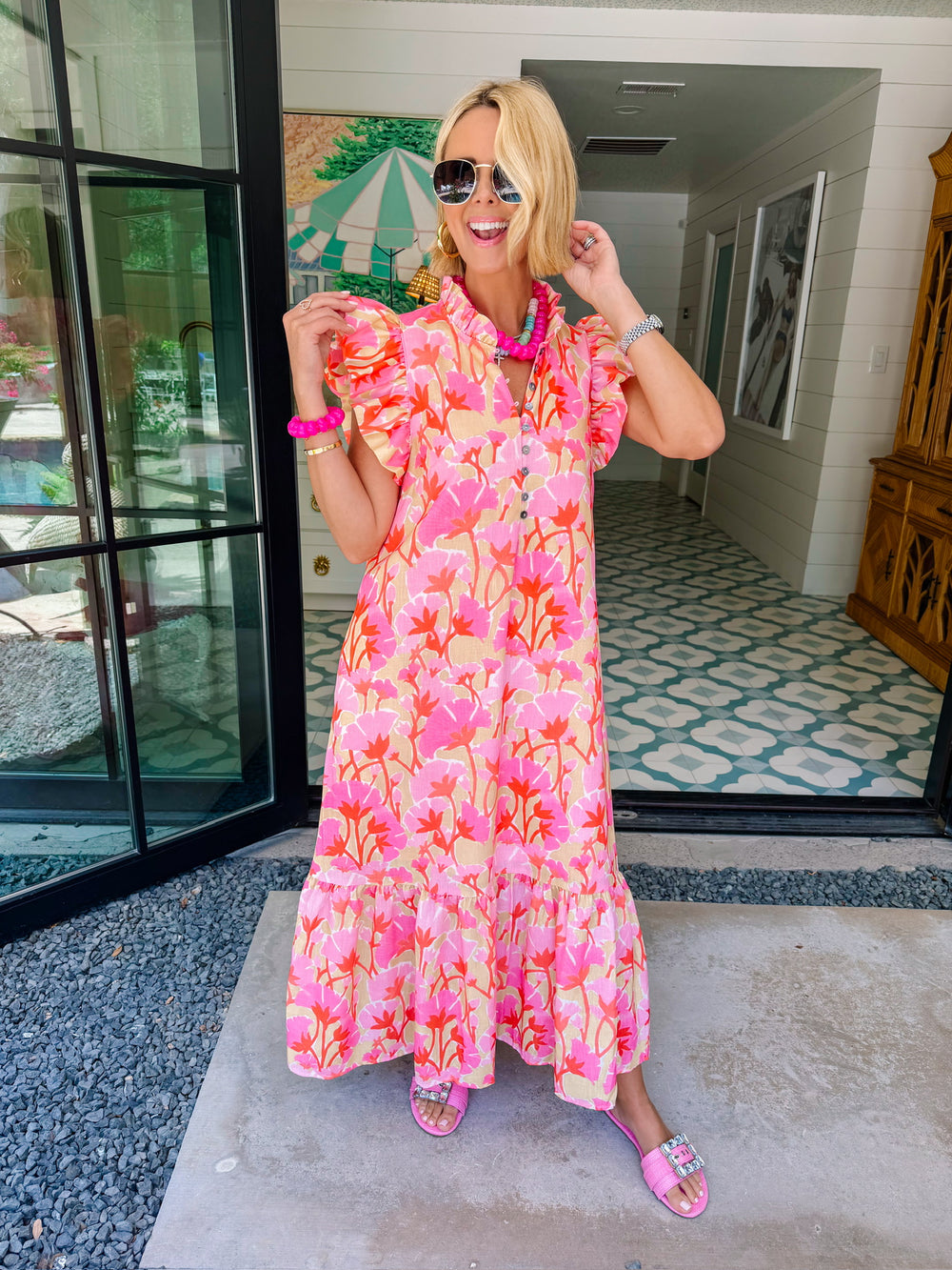 PETALS IN THE SUN RUFFLE MIDI DRESS - YELLOW/PINK