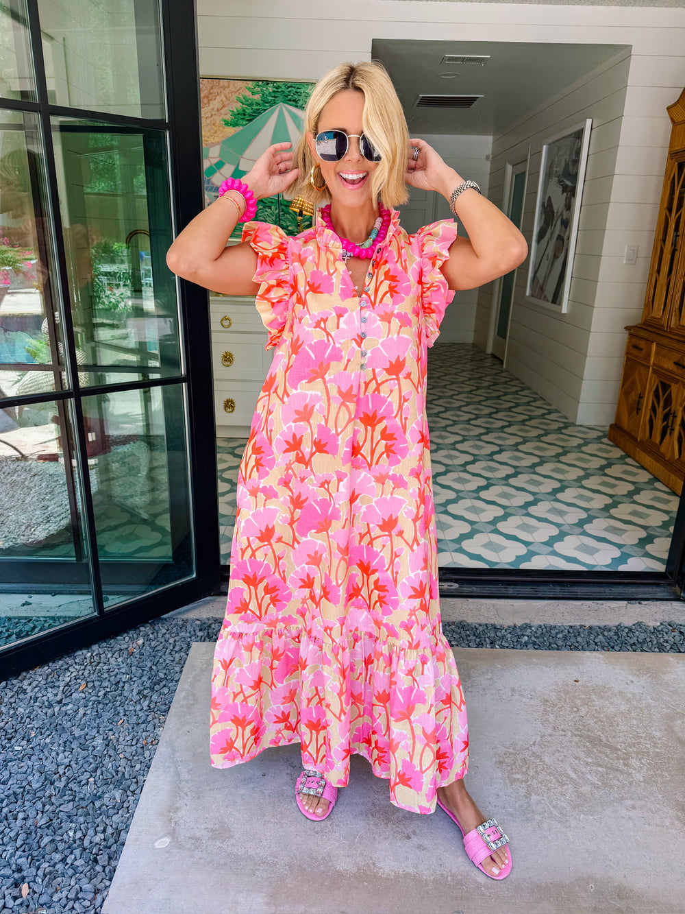 PETALS IN THE SUN RUFFLE MIDI DRESS - YELLOW/PINK