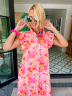 PETALS IN THE SUN RUFFLE MIDI DRESS - YELLOW/PINK